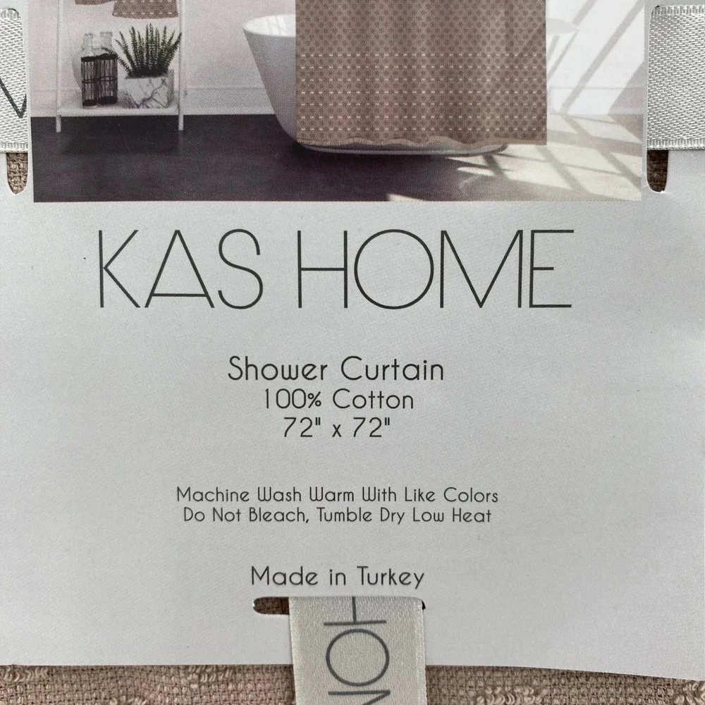 Kas Home Shower Curtain Brown Taupe Tufted Dot Fringed 100% Cotton Boho Natural